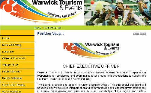 A copy of the upcoming advertisement for a new CEO for Warwick Tourism and Events. A copy of the upcoming advertisement for a new CEO for Warwick Tourism and Events.